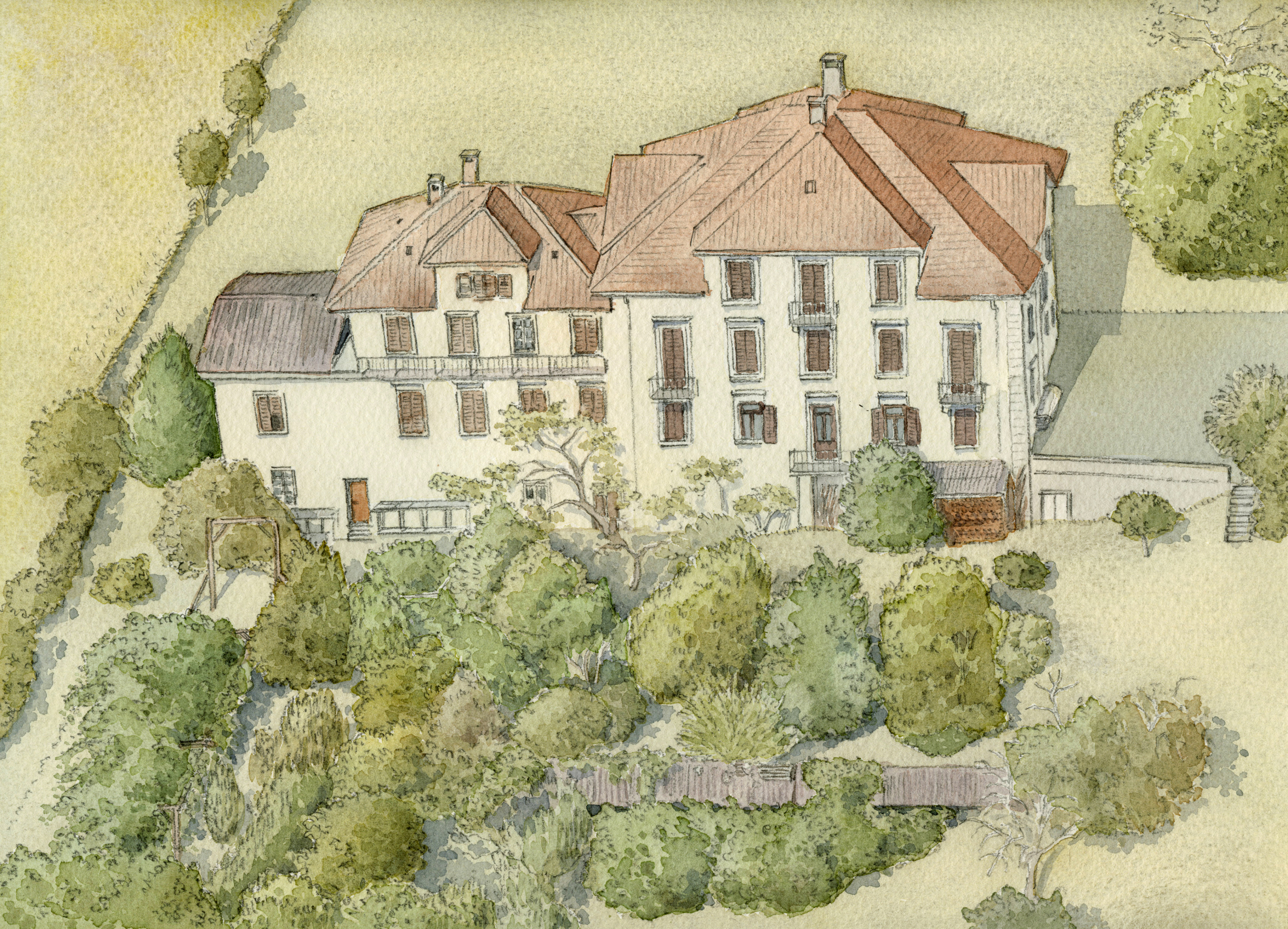 Augstholz Aquarell Haus von vorne mit Garten
